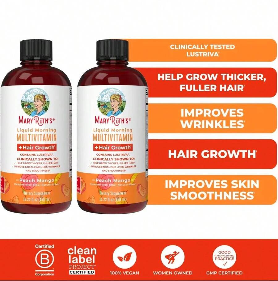 ZUVARA MaryRuth's Liquid Multivitamin+Hair Growth With Clinically Tested Lustriva-Thickerf Hair Reduce Wrinkles & Fine Line-Vegan-15.22 FL OZ - 2個 - 查看 1
