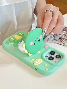 1pc Fashion New 3D Silicone Cartoon Dinosaur & Heart Design Mirror Stand Phone Case, Cute & Sweet, Shockproof Protective Cover Compatible With IPhone 11/12/13/14/15/16/Pro/Max - Green - View 6