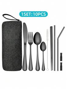 10 件可重复使用的便携式旅行餐具套装，包括筷子、吸管、刀、叉、勺子、吸管刷、不锈钢银器套装（带便携盒），黑色/金色/银色，适用于露营和野餐、学校用品 - - - 查看 7