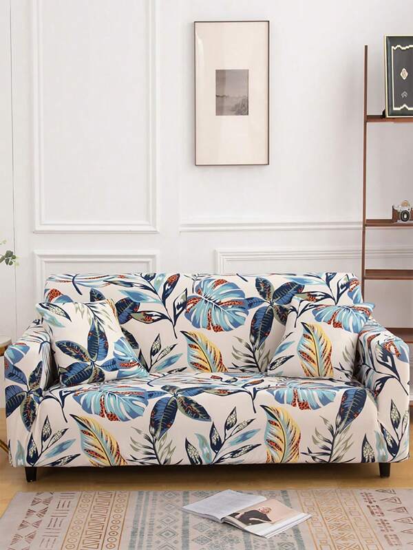 1pc Tropical Leaf Pattern Stretchy Sofa Slipcover With 1pc Cushion cover