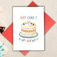 1 张趣味生日贺卡，带信封 - “吃蛋糕！”设计，彩色草莓和蛋糕插图，非常适合家人、朋友、同事 - 英语语言、生日派对装饰、学校用品、返校