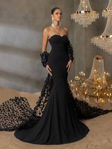 Faeriesty Elegant Floral Appliques Tulle Train Mermaid Hem Tube Wedding Dress - Black - View 4