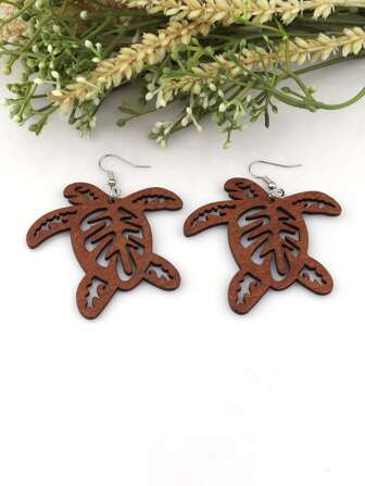 1 Pair Carved Turtle Drop Earrings, Vintage Wooden Jewelry, Lightweight & Delicate Gift For Women & Girls, Autumn/Winter Accessories