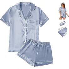 S.4Pcs Womens Satin Silky Pajama Sets Short Sleeve Shirt XS-4XL Floral Pajamas Set Soft PJ Loungewear Sleepwear - Hot Pink-w - View 3