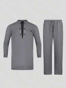 2pcs/Set Men's White Dashiki Outfit, Double-Breasted Decor, V-Shaped Contrast Splice, Round Neck, Long Sleeve, Slit Hem, Elastic Waist Pants, African Clothing, Men's Casual Shirt & Pants Set, New Arrival, Streetwear, Party, Date, Wedding, Cultural Events, Traditional Ceremonies