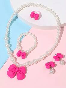 5 件/套女孩可爱珍珠蝴蝶结项链手链耳环戒指首饰套装，简约百搭 - 彩色 - 查看 16