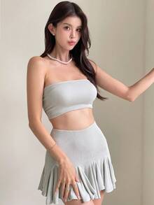 ARA CHIC Women's Green Sexy Backless Strapless Bustier Top & Fashion Pleated Mini Skirt Two Pieces Set. New Collection For Beach Vacation & Dating. - Green - View 5