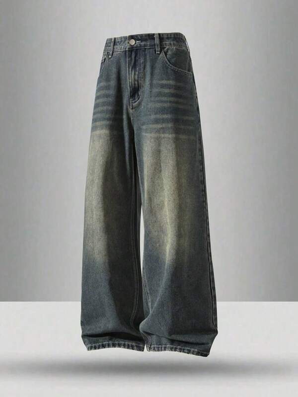 Men's Loose Fit Cotton Denim Jeans, Slant Pocket Design, Relaxed Fit, Long Washed Skateboard Jeans, Workwear Style, Solid Light Blue Color, Streetwear Y2K Style