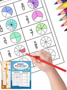 Cuaderno de ejercicios básicos de fracciones para niños, educación preescolar para aprender sobre fracciones de manera interesante, desde lo superficial hasta lo profundo. Incluye pared de fracciones, gráfico de fracciones, eje de fracciones, comparación de tamaño de fracciones, diversos formularios de comprensión de fracciones, ejercicios de suma y resta de fracciones. Es una excelente herramienta de aprendizaje de matemáticas para niños, para aprendizaje familiar, práctica escolar, ocio al aire libre y regalo para niños. Día de la Madre
