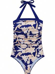 Women Sexy Tummy Control One Piece Swimsuit Halter Retro Bathing Suit - 68 海軍藍碎花 - 查看 4