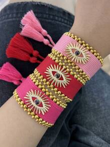1 pulsera de tela de ojo y borla con cuentas negras / blancas / grises / cobre y tamaño ajustable