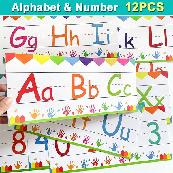 Lachilly Juego de 12 piezas de tira con letras del alfabeto y números, carteles de decoración para el aula, gráficos de aprendizaje para niños, carteles de aprendizaje de letras y números en inglés para niños, suministros de aprendizaje de letras y números en inglés para la escuela en casa y el aula
