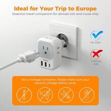 Adaptador de Viaje Universal para Europa: Con 3 Puertos USB (1 Tipo C) y 4 Salidas de CA, Ideal para Viajar de América/México a Italia y España - Blanco y Gris - Ver 12