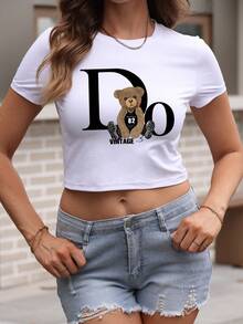 Women's Casual White Cropped Short Sleeve T-Shirt, Cute Bear Print Design, Round Neck Tee, Spring/Summer - White - View 5