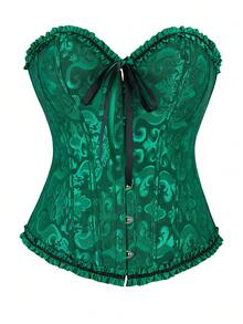 Plus Size Women Floral Jacquard Corset Bustier Top, Backless Strapless Bandeau Blouse For Party - Black Green - View 1