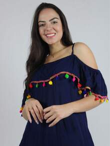Short Viscose Dress With Straps, Exposed Shoulder And Pocket With Pompom Ruffle #100715 - Navy Blue - View 2