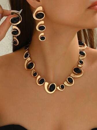 3 件时尚新款简约创意百搭个性逗号不对称欧式美式优雅项链和耳环套装