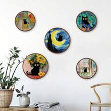 5 Stücke Boho-Stil schwarze Katze Wanddekoration Wandbehang Holzkunst Cartoon Logo Heim Wandkunst Dekoration, Bauernhaus Wohnzimmer und Schlafzimmer Heimdekoration, ländlicher pastoraler Stil Behänge, Hotel Veranda Dekorationskraftstoff