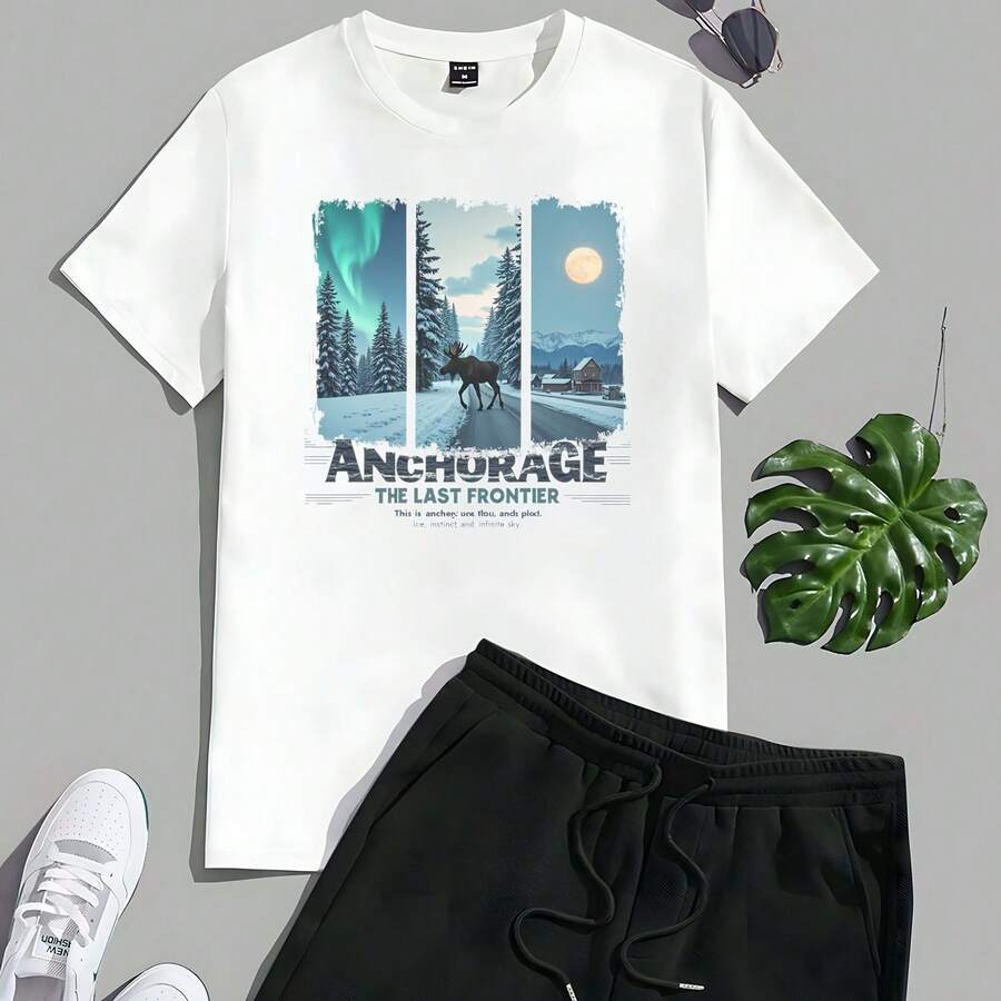 Anchorage Alaska T-Shirt - The Last Frontier Tee - 220g Cotton Graphic Top - Moose, Northern Lights, Snowy Mountain Design - Unisex Crew Neck - Alaskan Adventure Souvenir Shirt 0001_ - Black - View 1