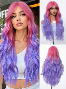 Tóc giả dài gợn sóng ombre, tóc giả tổng hợp chịu nhiệt, kiểu tóc xoăn có mái, màu hồng tím, thích hợp cho cosplay nhân vật anime, tiệc tùng. - Nhiều màu - Xem 3