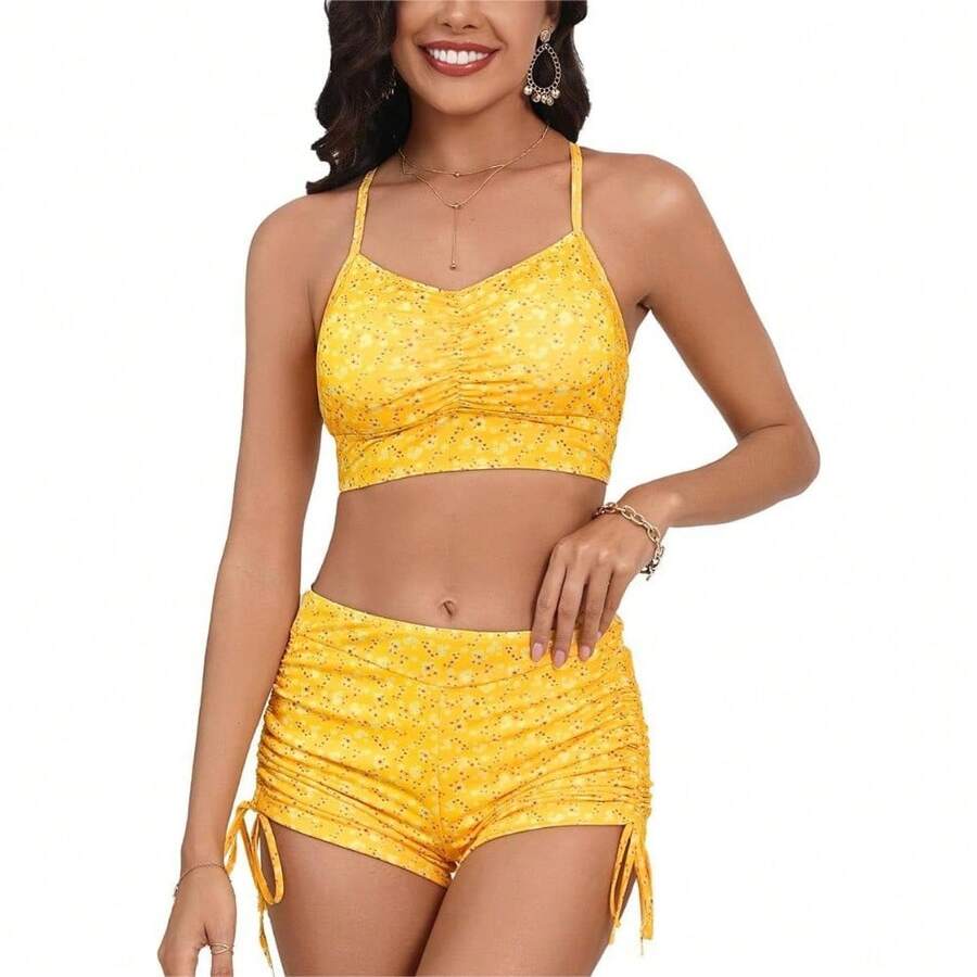 Bikini Sets For Women Floral Print Top And Drawstring Side Shorts Bikini Bathing Suits 2 Piece Swimsuit - Yellow Floral - View 1