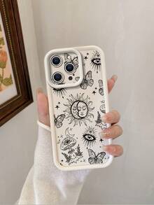 1 pieza Funda de teléfono elegante y simple con patrón de línea de luna y mariposa en lente de arena beige, Body completo a prueba de golpes, grueso TPU, compatible con iPhone/Redmi/VIVO/OPPO, versión internacional a prueba de agua, resistente a caídas y arañazos, no la versión nacional - Beis - Ver 1