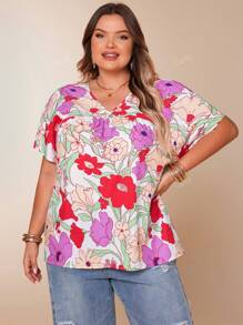 V-Neck Floral Print Casual Festival Vacation Short Sleeve Ruffle Hem Pullover Blouse, Plus Size Women