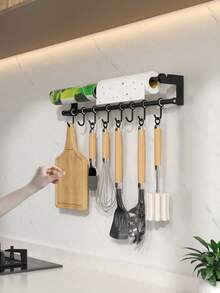 1pc Easy To Install Wall-Mounted Kitchen Utensil Organizer Rack, With Movable Hooks, Kitchenware Hooks, Drill-Free Kitchen Cling Film And Paper Towel Holder, Multi-Purpose Storage Rack, Space-Saving, Kitchen Supplies Rack
