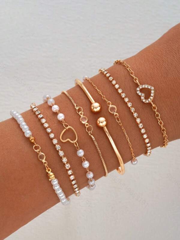 8pcs/4pcs Fashion Elegant Faux Pearl Hollow Heart Layered Bracelet & Bangle Sets, Suitable For Girls Daily Wear, Summer Jewelry