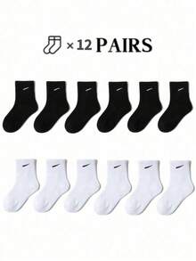 1 双 / 6 双 / 12 双黑白腰部收紧男童女童袜子，适合青少年校服，日常运动舒适，亲肤透气，适合所有季节，简约时尚的儿童袜子