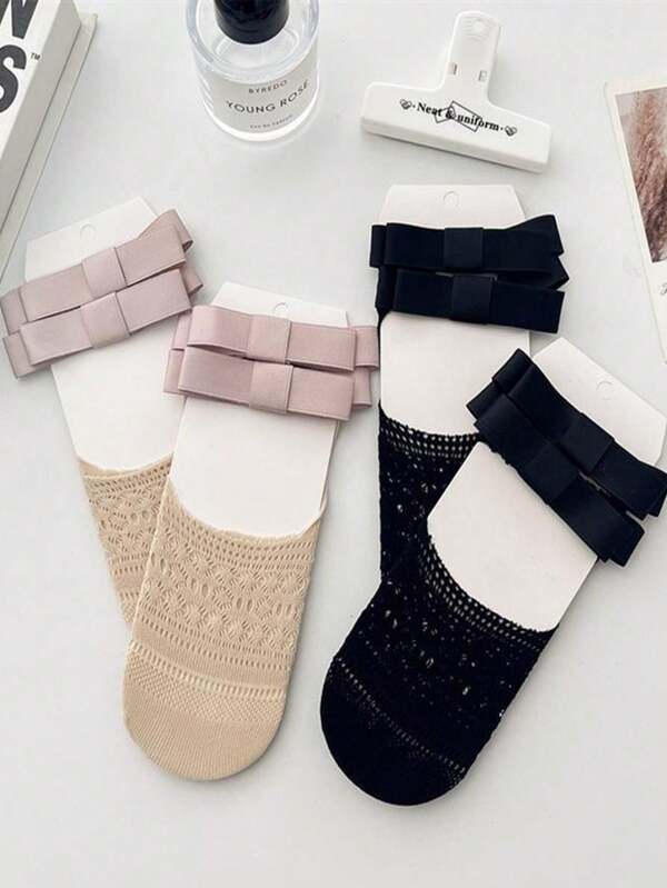 2 Pairs Ballet Style Women Breathable Hollow Out Shallow Mouth Invisible Socks, Ladies JK Bow Non-Slip Loafer Socks