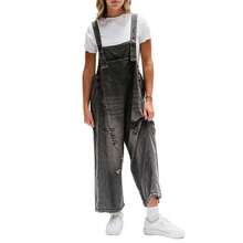 Women Loose Adjustable Strap Denim Bib Overall Jeans Distressed Wide Leg Baggy Overalls Jumpsuit - Black - View 2