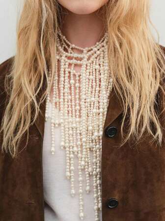 ZAA Faux Pearl Waterfall Necklace, Tassel Design, Fashionable Classic Faux Pearl Necklace Multi-Layer Design Waterfall High-End Long Layered Layered Necklace Accessory, Exquisite Fashion,Simple Exquisite