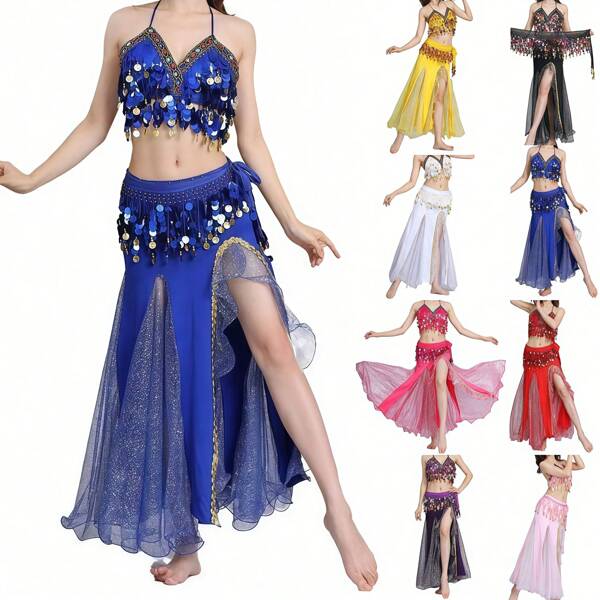 Bauchtanz Kostüm Set für Damen bestehend aus Bauchtanz Crop Top BH und Hüfttuch geschlitztem Tanzrock, Halloween Outfit