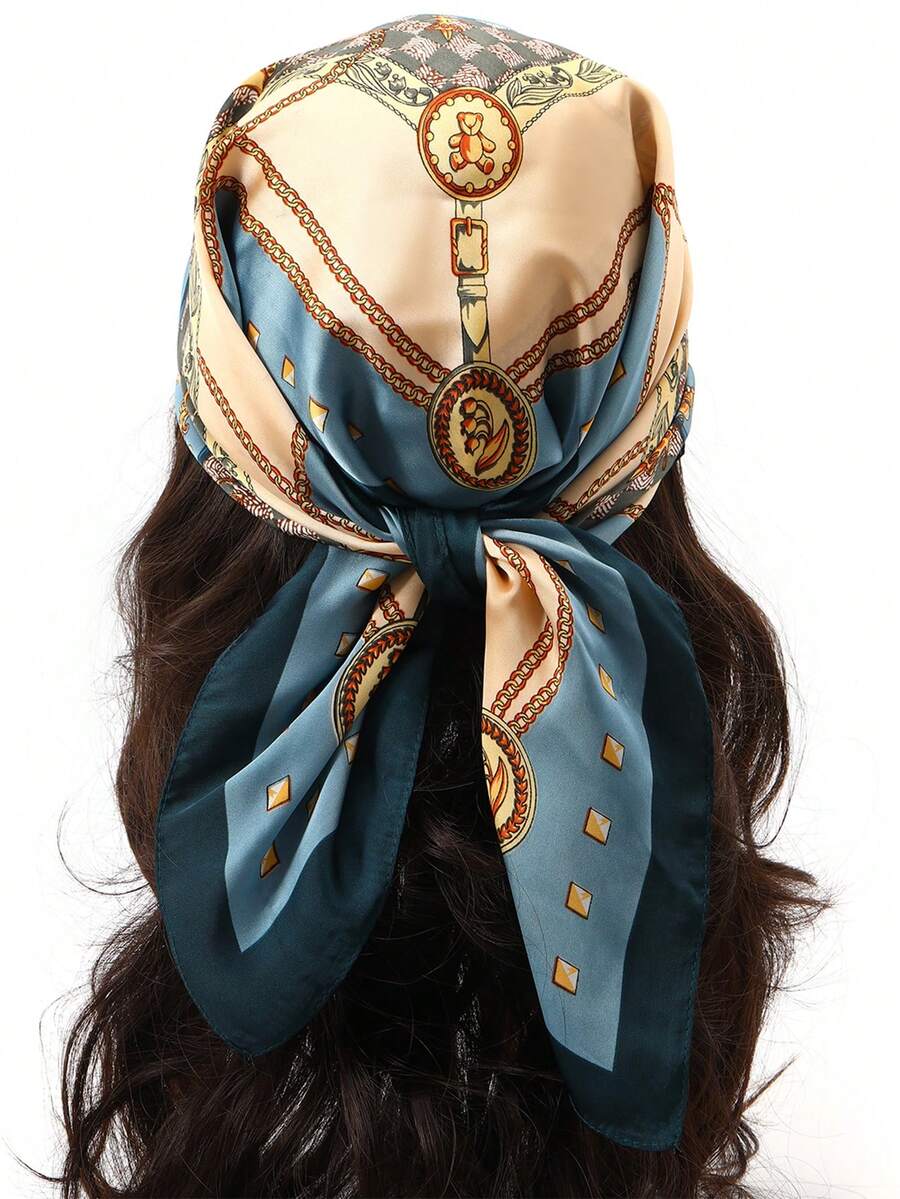 1 pieza Pañuelo cuadrado de seda sintética azul con estampado de cadena de 27,56 pulgadas para mujer, ideal para vacaciones, atuendo diario, regalo, diadema, turbante, diadema, diadema, accesorios para el cabello de otoño e invierno para mujer para atuendos de vacaciones, mujer, pañuelos suaves para la cabeza - Multicolor - Ver 1