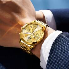 OLEVS. OLEVS Watches For Men Business Dress Luxury Casual Chronograph Multifunction Analog Quartz Stainless Steel Waterproof Luminous Moon Phase Date Men Wrist Watches Reloj Para Hombre - 金色 - 查看 4