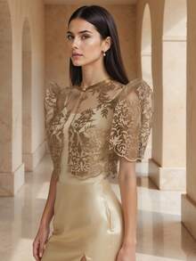 Amyenjoylife Modern Filipiniana Butterfly Sleeves Filipiniana Ladies' Spring/Summer Lace Puffed Short-Sleeved Short Cardigan Bolero Filipiniana For Women Brown Top