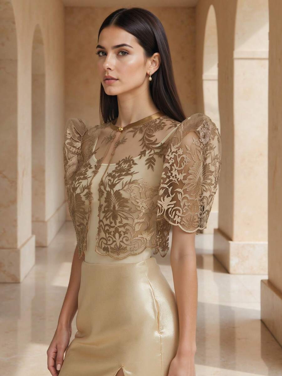 Amyenjoylife Modern Filipiniana Butterfly Sleeves Filipiniana Ladies' Spring/Summer Lace Puffed Short-Sleeved Short Cardigan Bolero Filipiniana For Women Brown Top