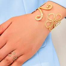 2pcs Fashionable Metallic Hollow Flower Bracelet & Ring Set, Suitable For Daily Wear, Banquet, Party