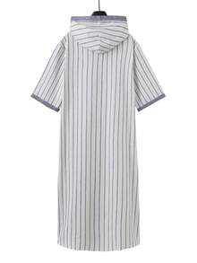 Muslim Men's Thobe Short-Sleeved Striped Styling Hooded Loose Islamic Men's Robe Festive Casual Men's Modern Style Abaya - Beige - View 5