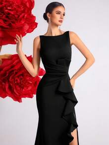 Elisanya Đầm dự tiệc cocktail hở lưng xẻ tà cạp cao đơn giản - màu đen - Xem 9