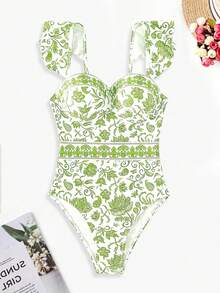 Blue And White Porcelain Printed Elegant Comfy Fashion Design One Piece Swimsuit,Classic And Elegant Swimsuit,Women's Swimwear And Clothing,Vintage Printed Swimsuit For Women,Summer Beach - 綠色 - 查看 4