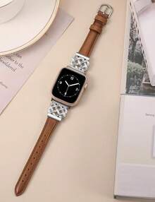 Compatible con correas de Watch para mujeres de 38/40/41/42mm, correa de cuero elegante y delgada con hebilla de nudo celta entrelazado para Series 11 10 9 8 6 5 4 SE 3 2 1, Starlight - Marrón/Plata - Ver 4