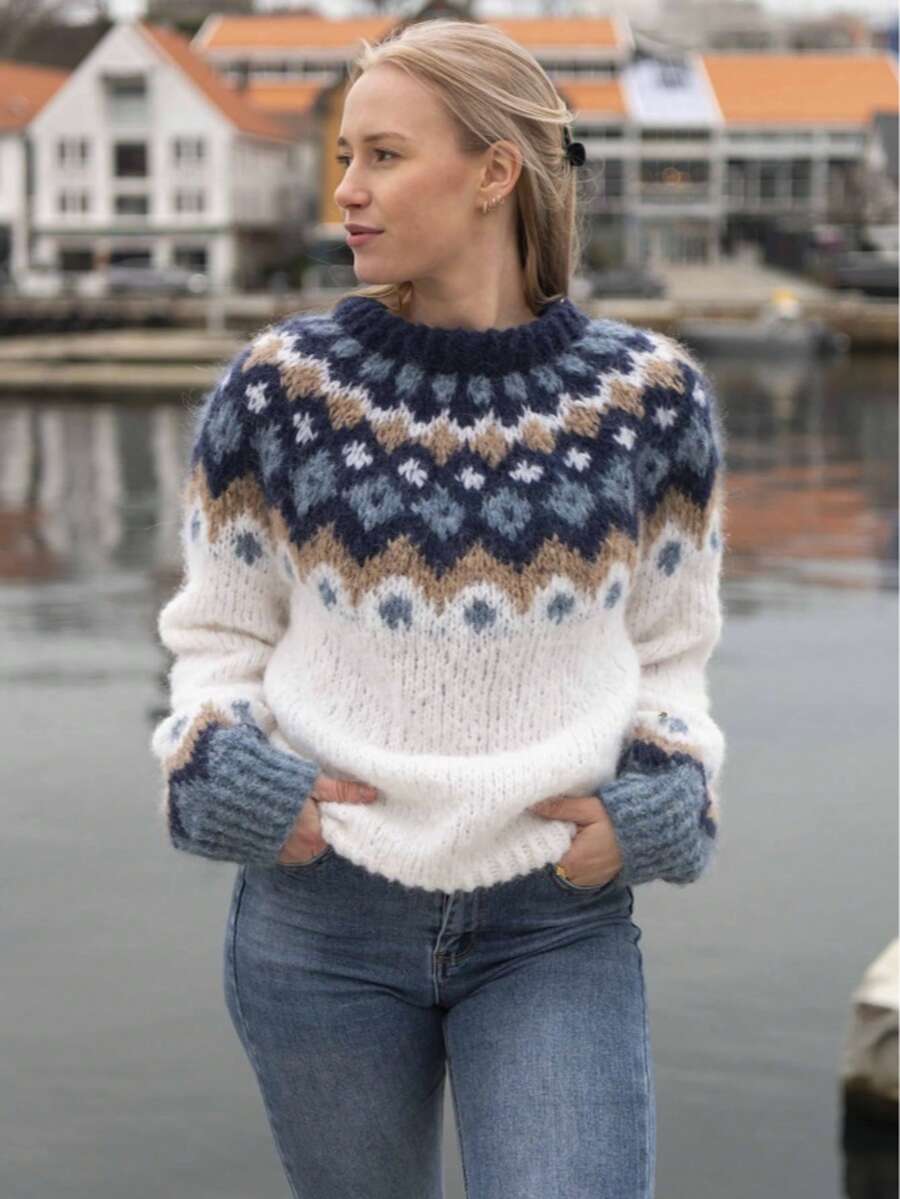 女士常规版型针织套头毛衣，饰有优雅的费尔岛图案和罗纹细节，适合春季日常穿着和通勤，白色 - 白色 - 查看 1