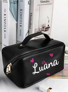 1pc Personalized Name Printed Makeup Bag - Large Capacity Cosmetic Organizer Bag With Zipper Closure And Top Handle - Customizable Travel Toiletry Bag In Black, Brown Or Pink - Perfect Women Birthday Gift, Makeup Bag