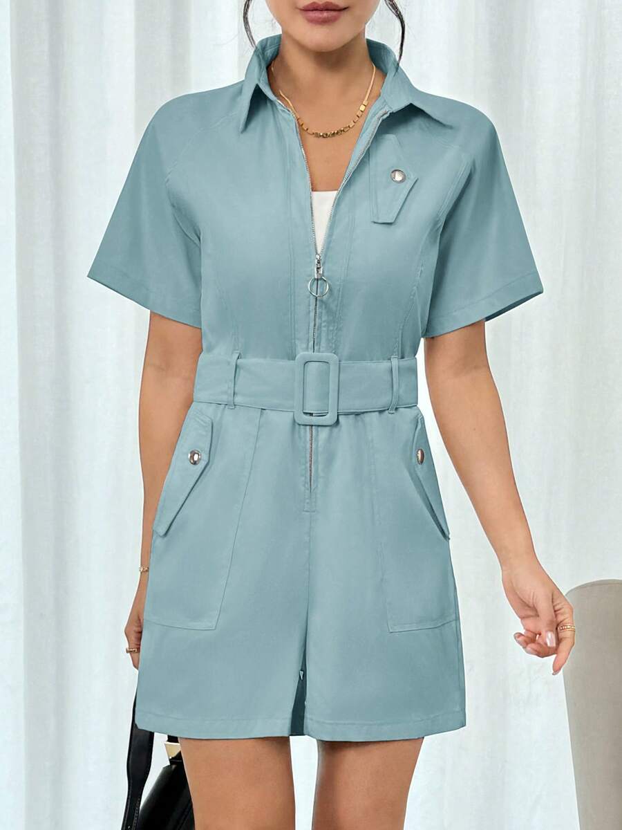 Mono corto liso casual de moda para dama con cinturón - Azul - Ver 1
