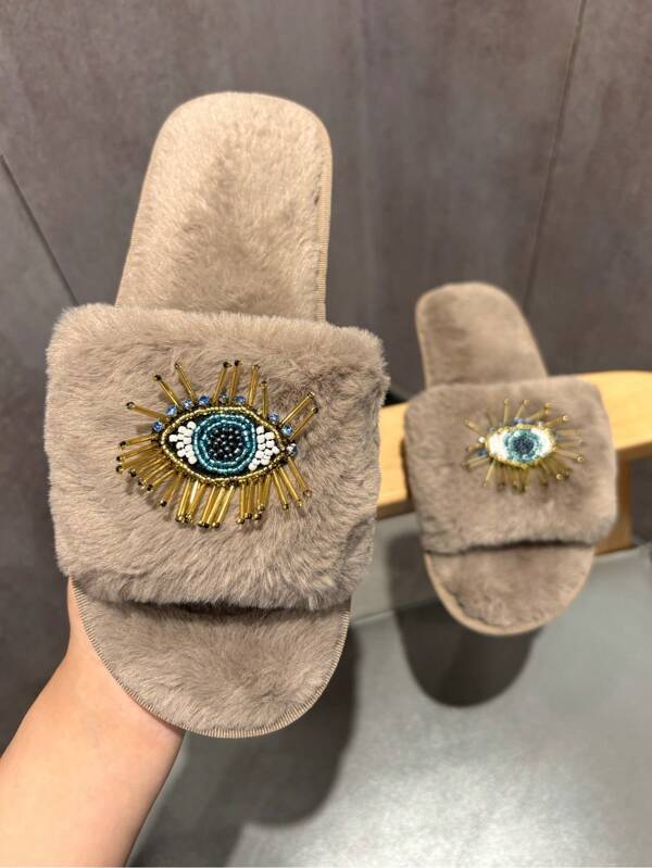 Women Cartoon Eye Decor Plush Home Slippers, Casual Brown Fluffy Flat Open Toe Slip-On Slides, Fashion Versatile Fluffy Flat Non-Slip Cotton House Shoes For Outdoor Wear