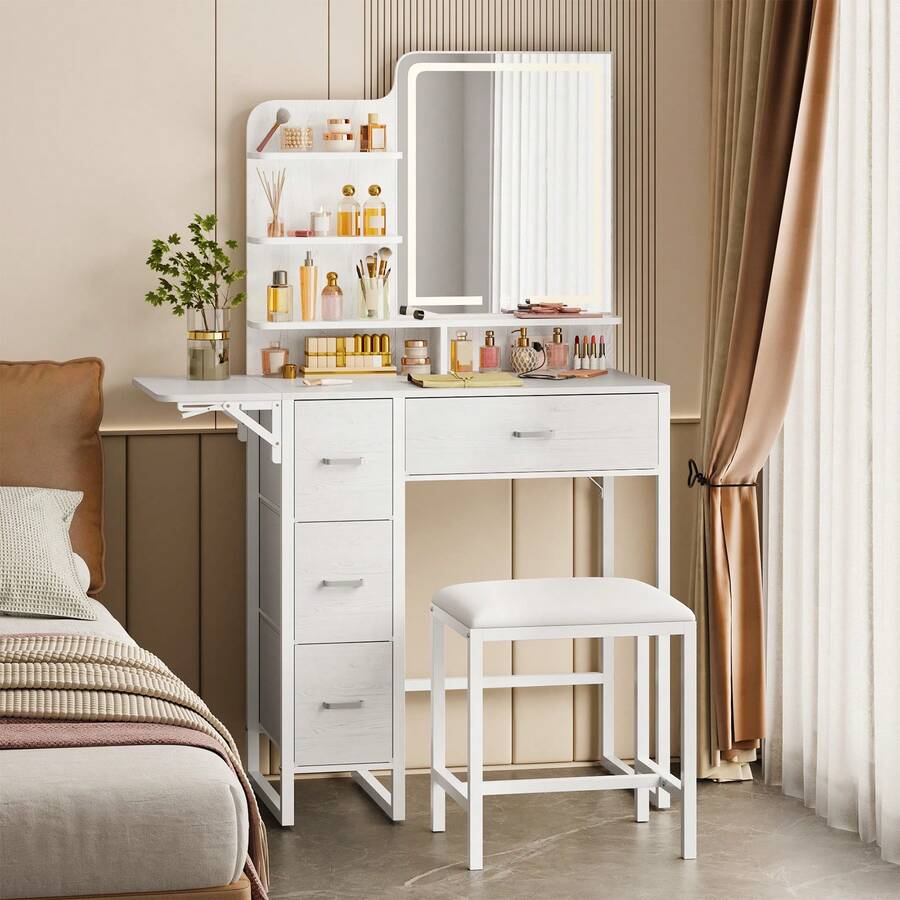 Tomnk Makeup Vanity Desk With Mirror And Lights, Vanity With 4 Fabric Storage Drawer & Chair & Shelves, White Vanity With Fold-Up Panel And Power Outlet For Bedroom, Bedroom Furniture (Mirror Light Strip Powered By USB Interface) - Xem 1