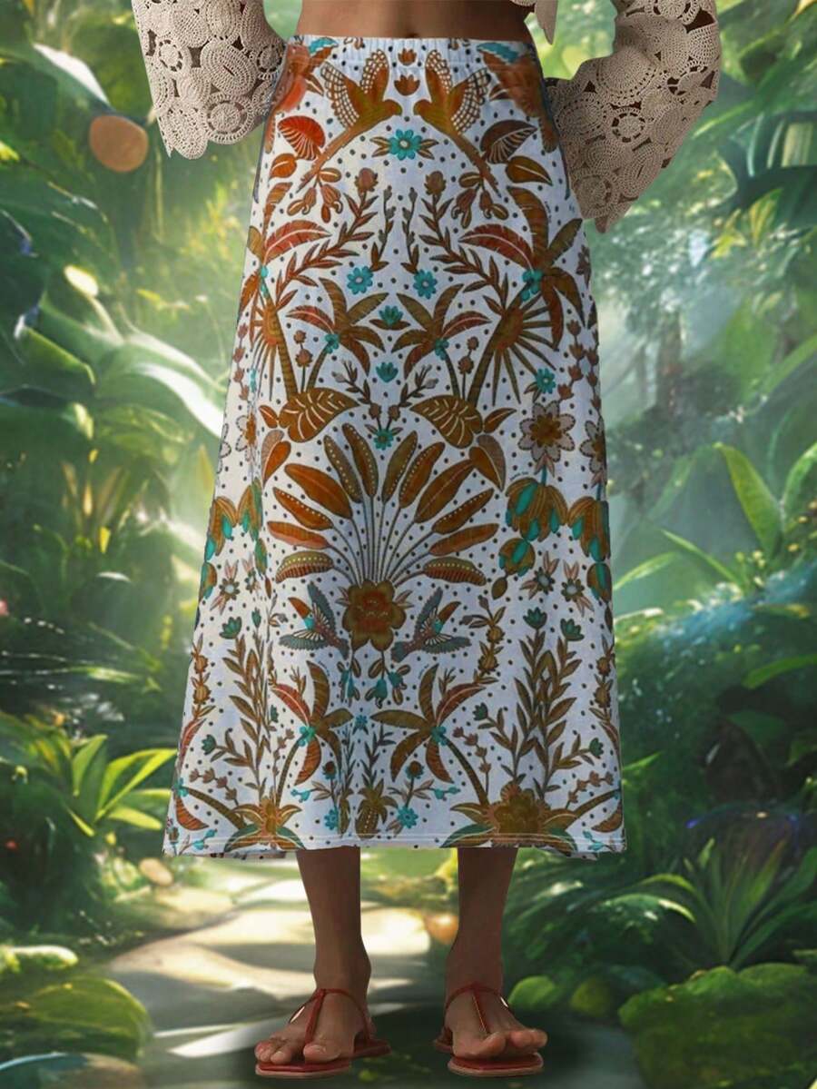 Fashionable Floral Print Lightweight Elastic Waist Skirt For Women ...