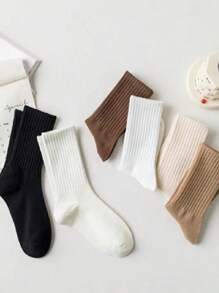 1/6 Pairs Solid Color Casual Sport Crew Socks, For Women, Autumn/Winter